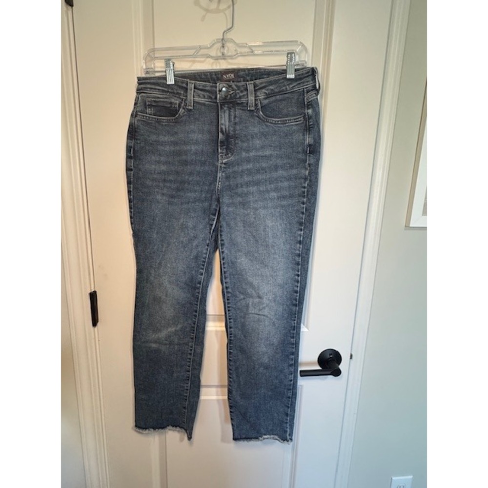 NYDJ Sheri Slim Jeans Womens Size 8 Blue Wash Lift Tuck Technology Raw Hem